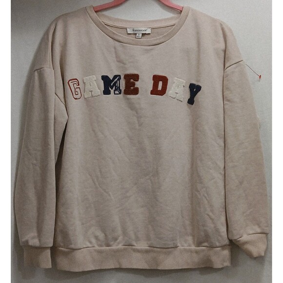 FRANCESCA'S Women's GAME DAY Crewneck Sweatshirt Small Beige Fuzzy Colorful Logo - Picture 1 of 5